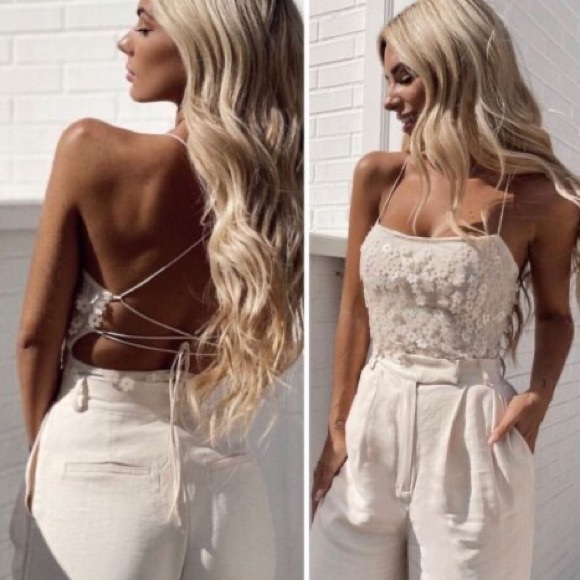 Zara Tops - Blogger’s Favorite 🤩 NWT Zara Cream Floral Sequined Laced-Up Backless Bodysuit